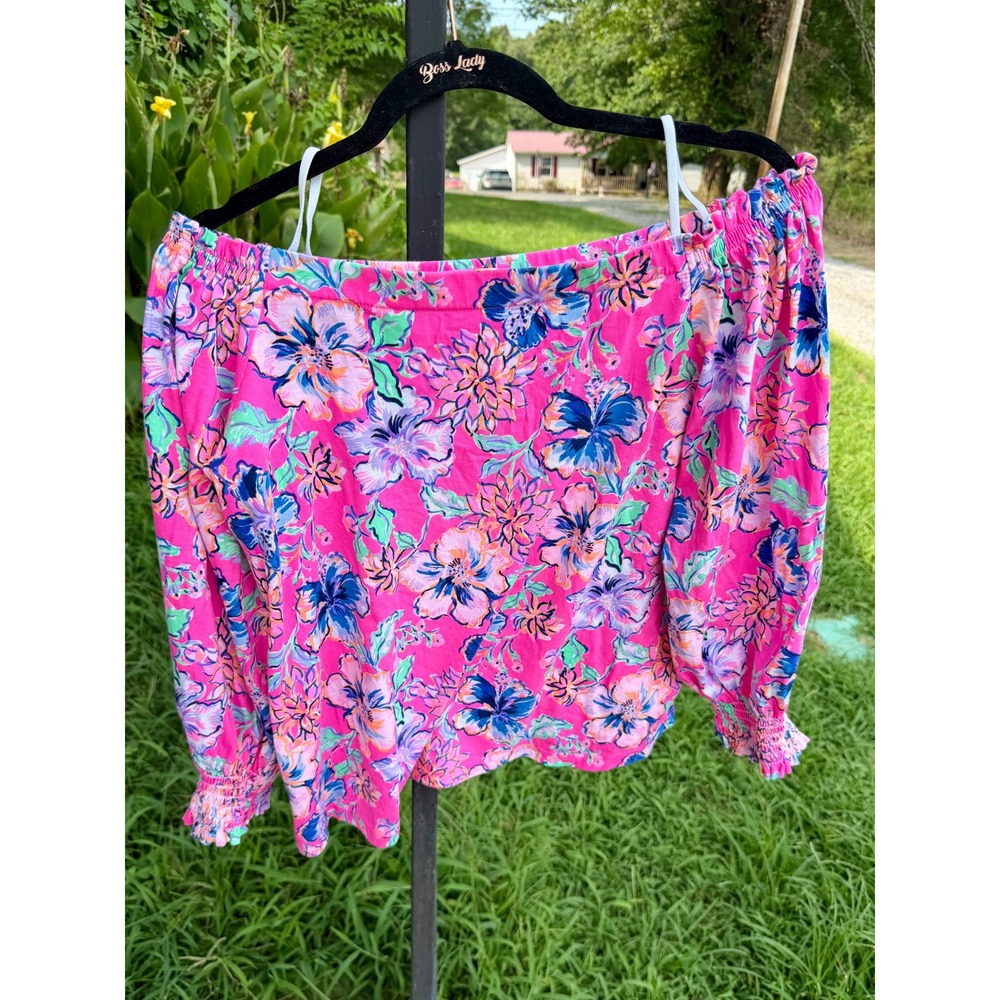 Lilly Pulitzer Pink Floral Off The Shoulder Cotton Top Smocked Cuff Medium